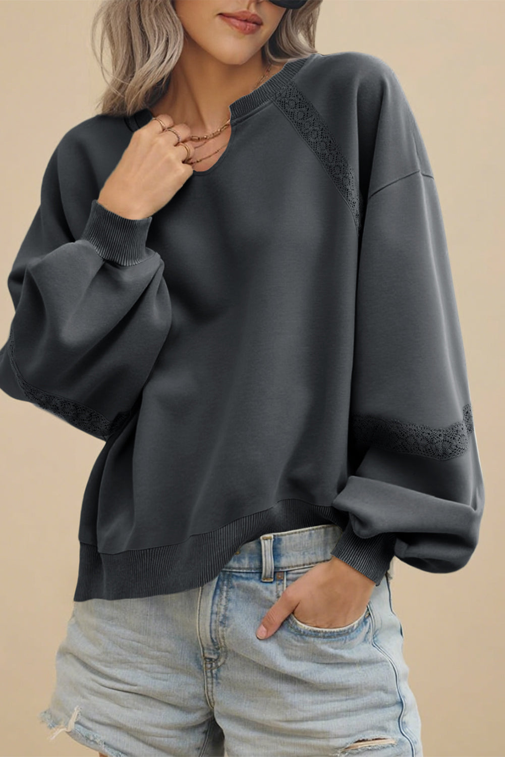 Gray Lace Patchwork Detail Notched Neck Mineral Wash Sweatshirt