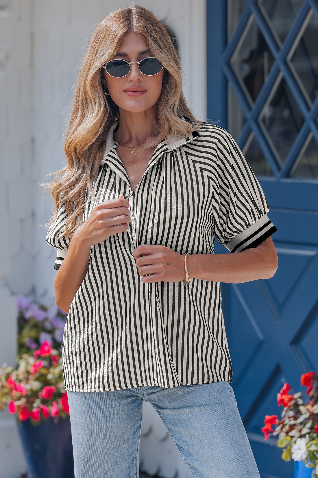 Black Stripe Polo Collar Half Zip Short Puff Sleeve Blouse