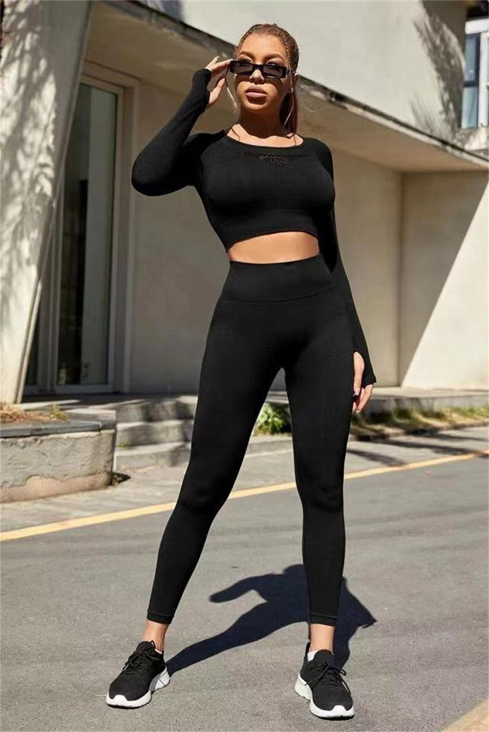 Black Solid Color Long Sleeve Crop Top Leggings Yoga Sports Set