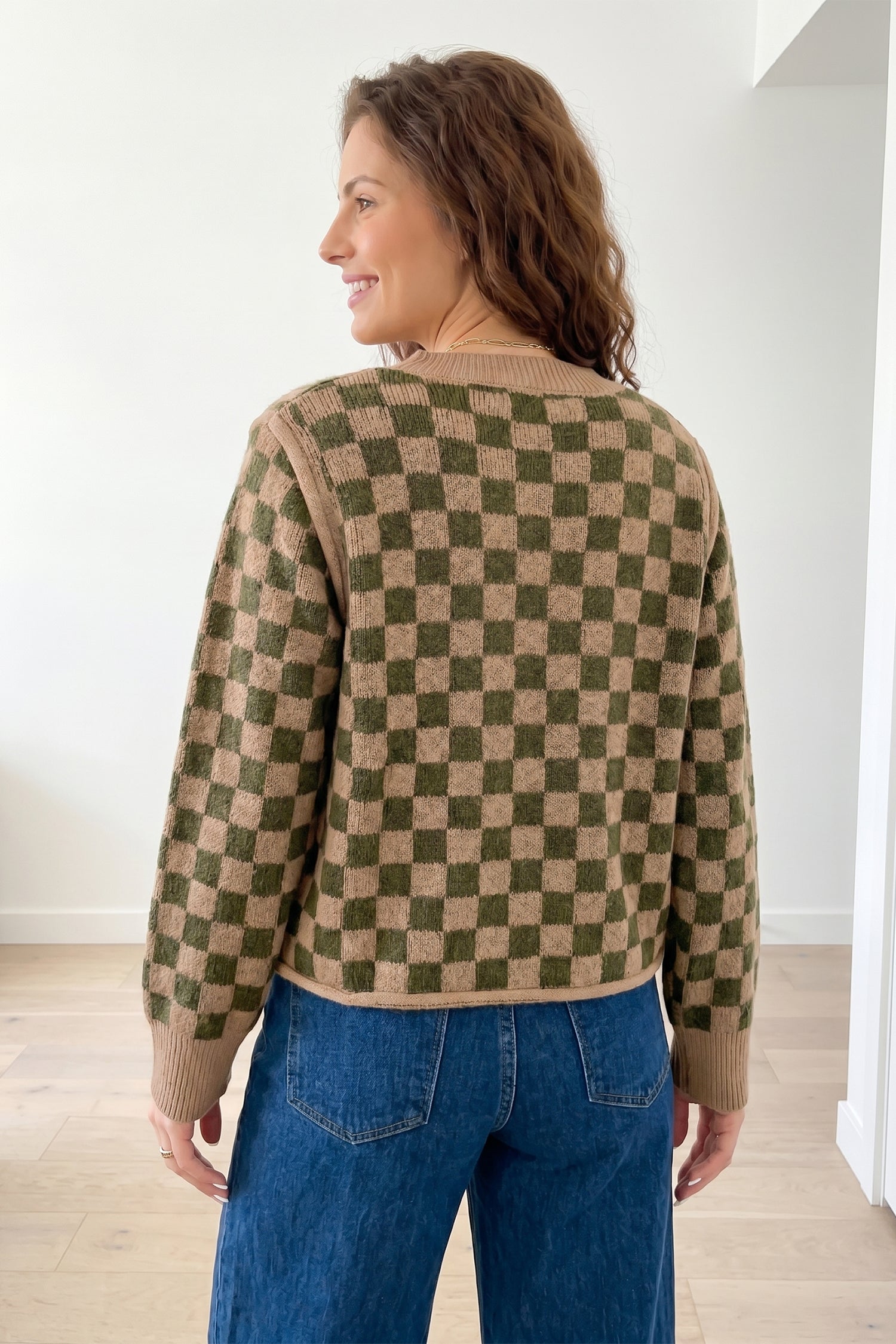 Multicolour Drop Shoulder Plaid Knit Long Sleeve Sweater