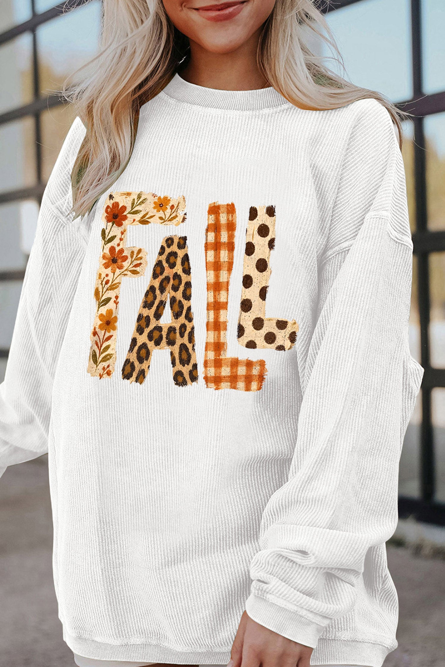 White Fall Letter Pattern Graphic Customized Corded Sweatshirt