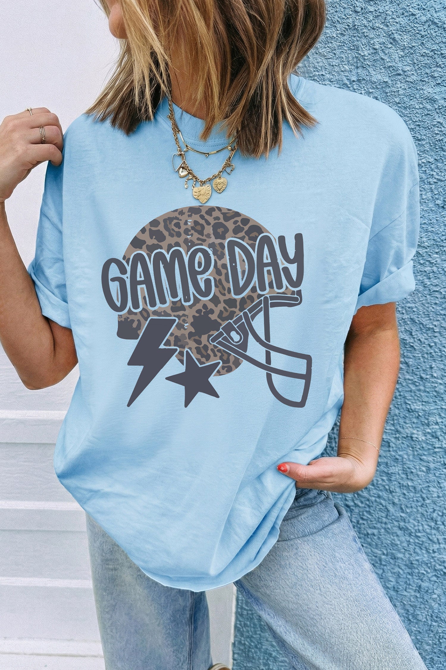 Light Blue Leopard Print Lightning Star Helmet Graphic Game Day T Shirt