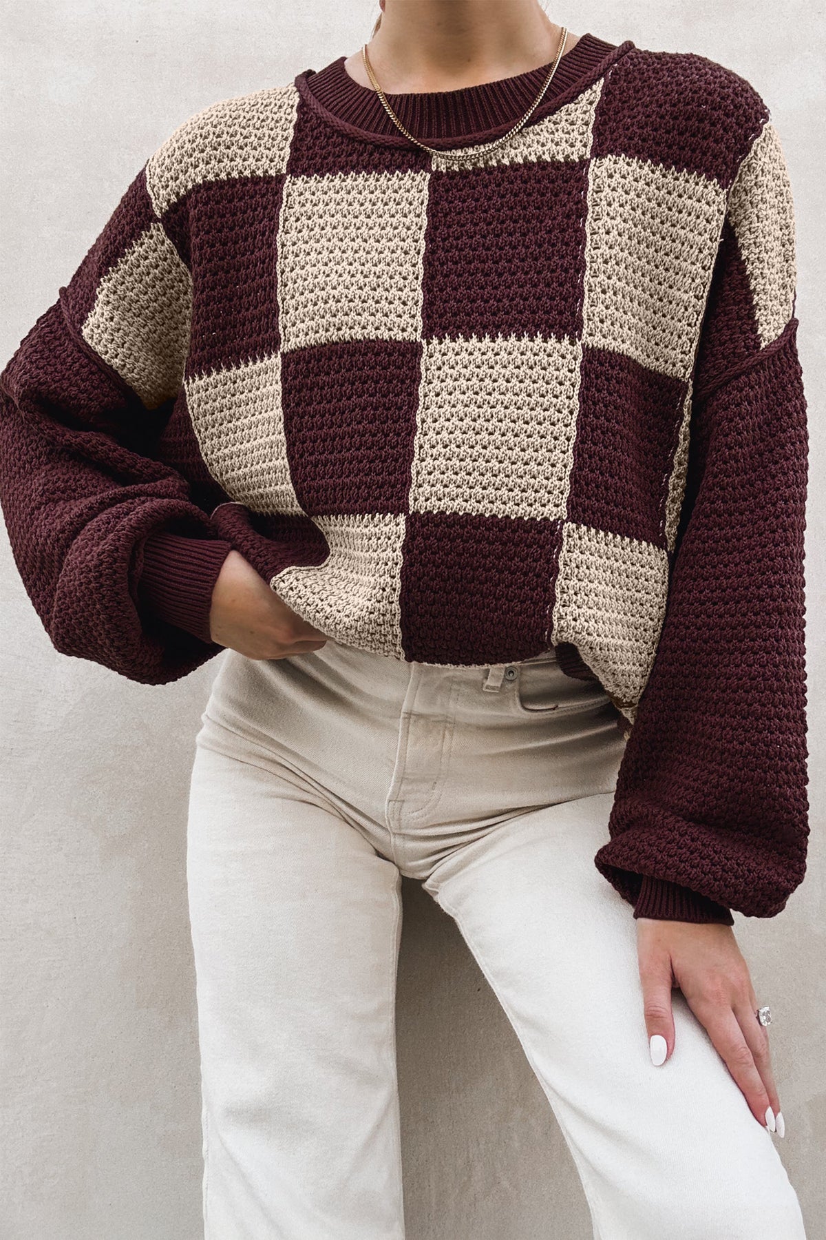 Brown Checkered Pattern Knit Loose Pullover Sweater