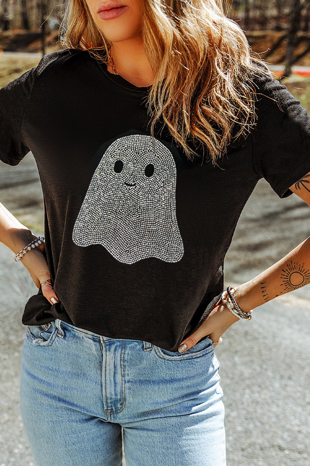 Black Rhinestone Ghost Halloween T Shirt