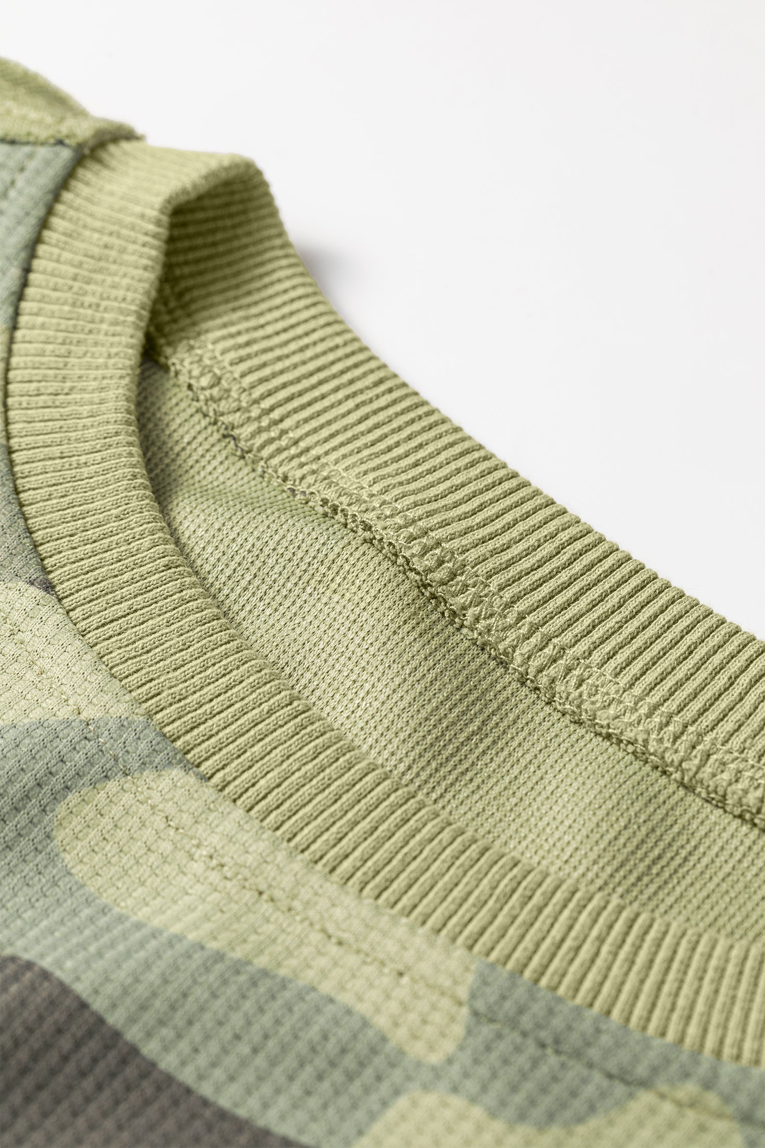 Green Camouflage Waffle Knit Raw Edge Contrast Trim Oversized Long Sleeve Top