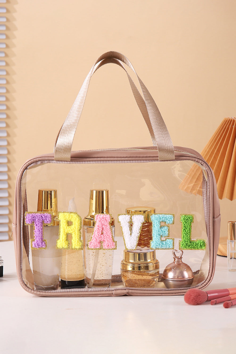 Dark Khaki TRAVEL Chenille Glitter Patched Clear Waterproof Makeup Bag