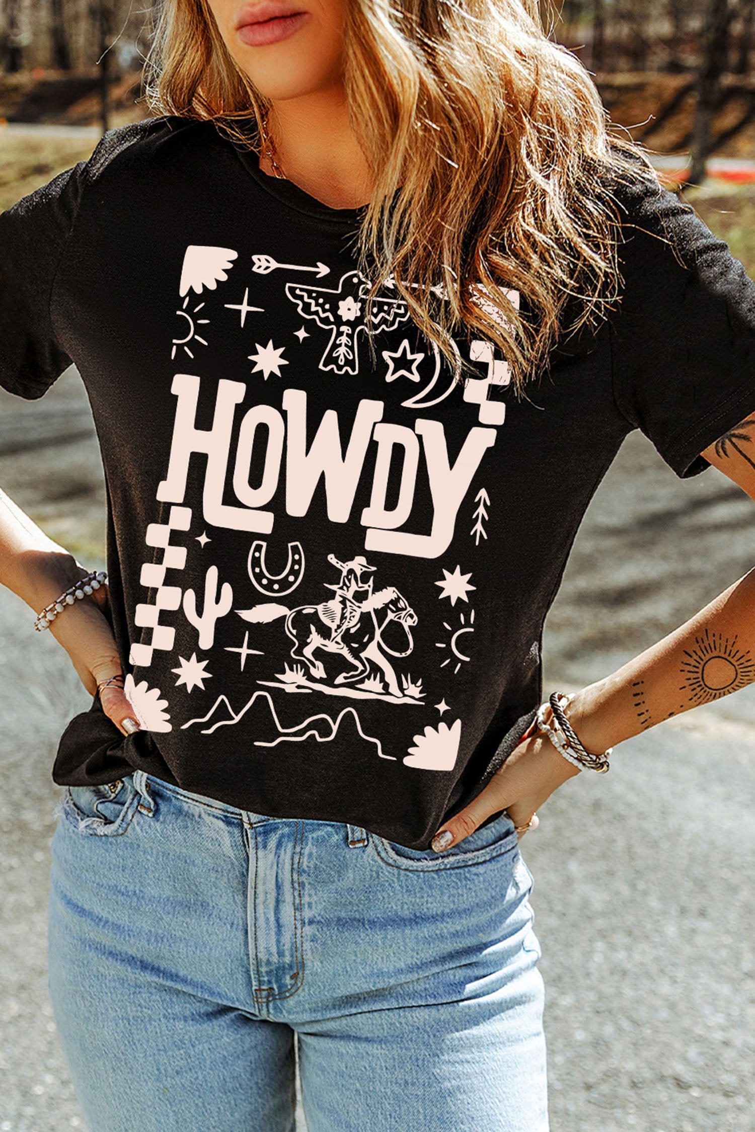 Black HOWDY Western Print Casual Round Neck T Shirt
