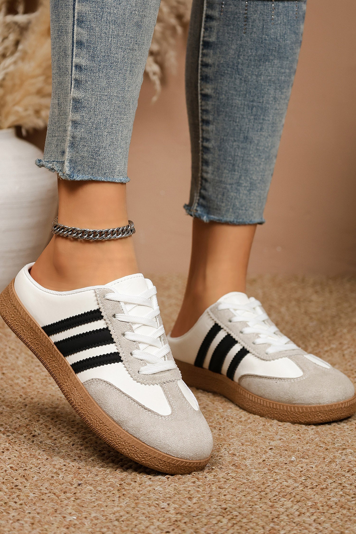 White PU Leather Color Block Varsity Lace Up Flat Shoes