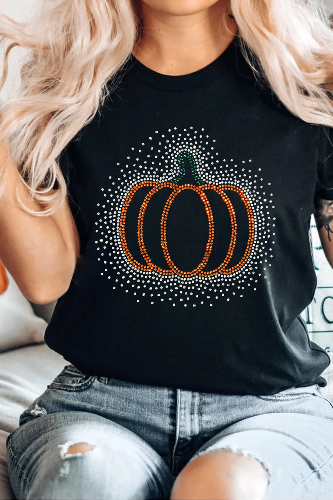 Black Rhinestone Pumpkin Graphic Casual Short Sleeve Tee