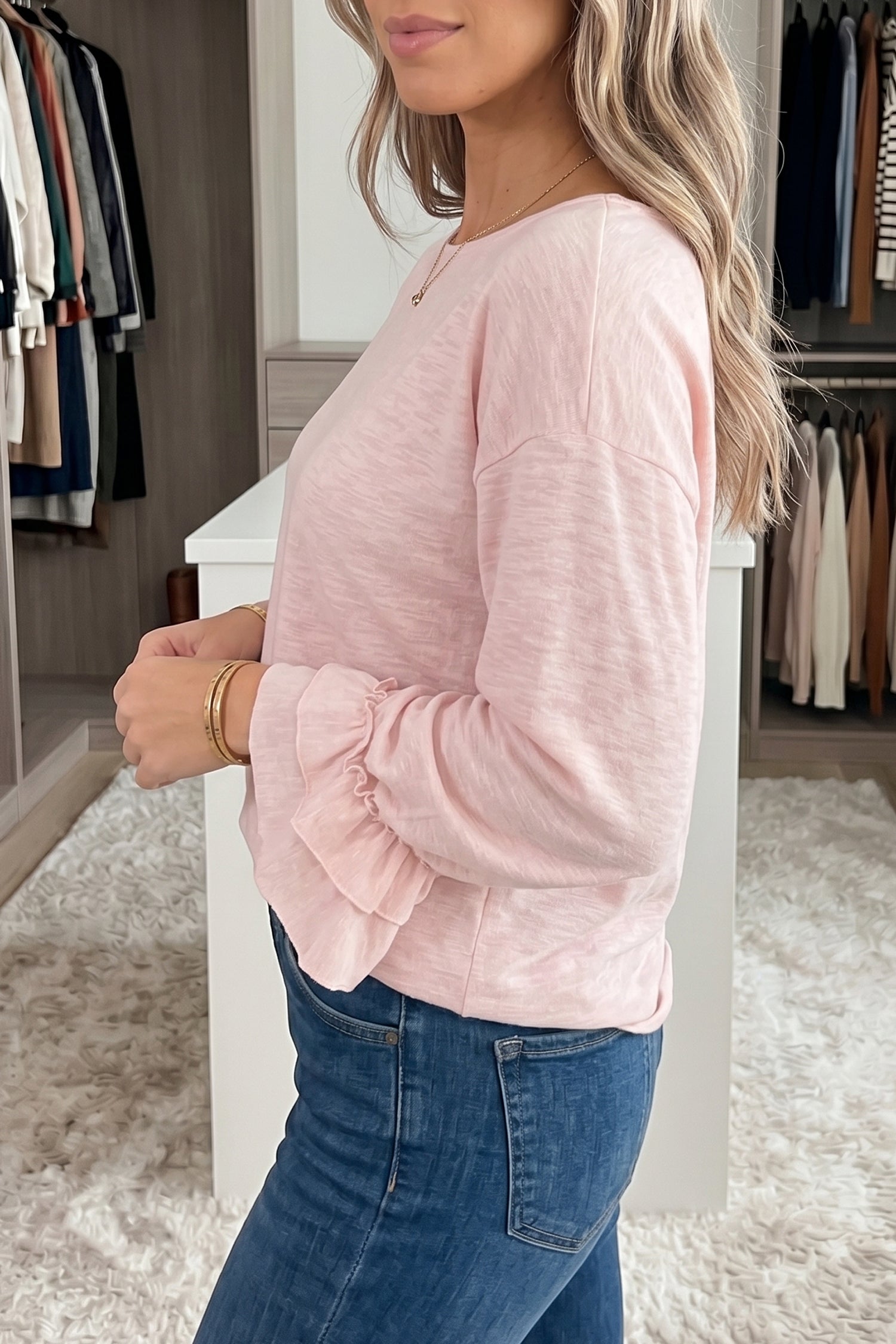 Gossamer Pink Long-Sleeve Pullover with Ruffled Sleeves