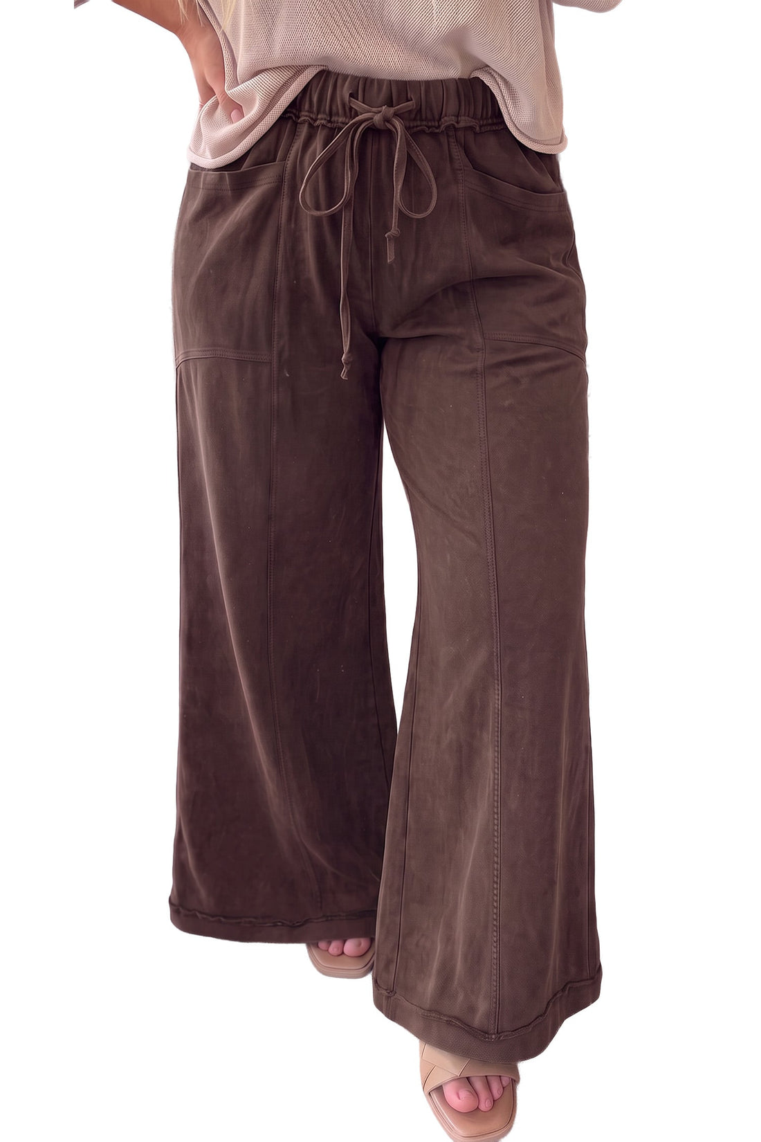 Coffee 100% Cotton Mineral Wash Wide Leg Pocket Plus Size Pants