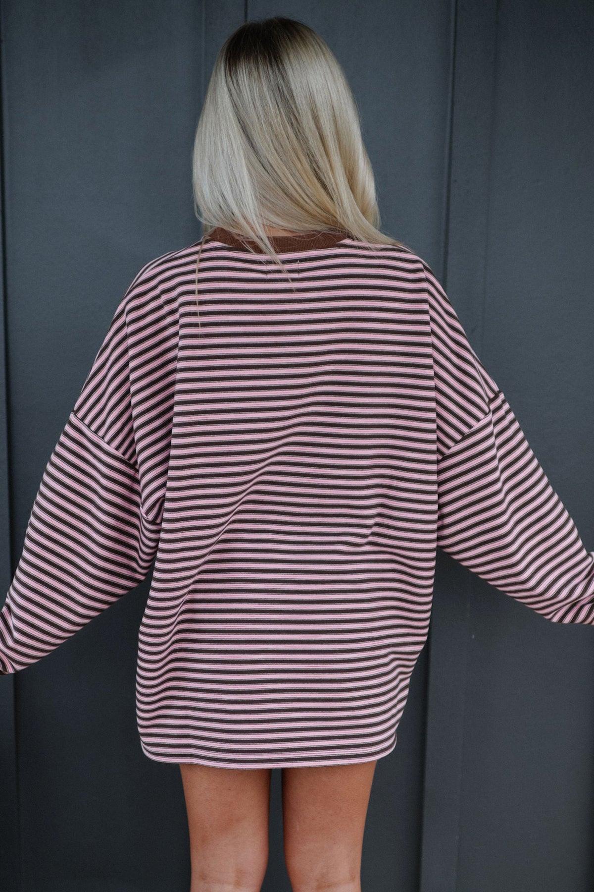 Brown Stripe Long Sleeve Oversized Top Pocketed Casual Shorts Two Piece Set