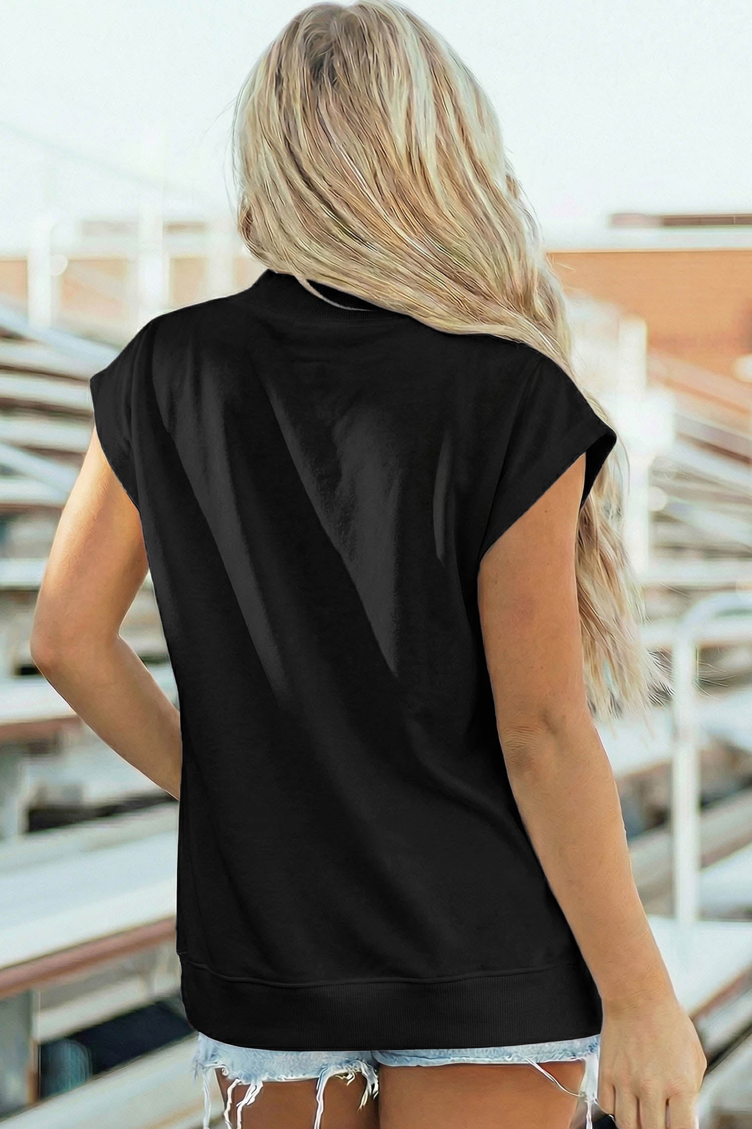 Black Rhinestone Rugby Football Pattern High Neck Short Sleeve Top