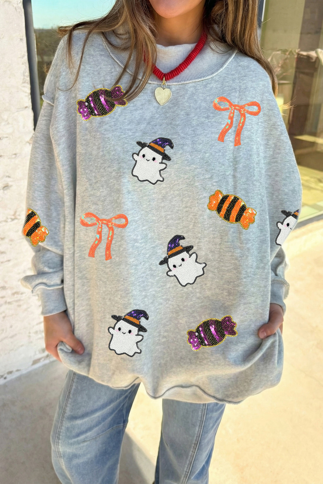 Light Grey Halloween Sequin Ghost Candy Pullover Graphic Sweatshirt