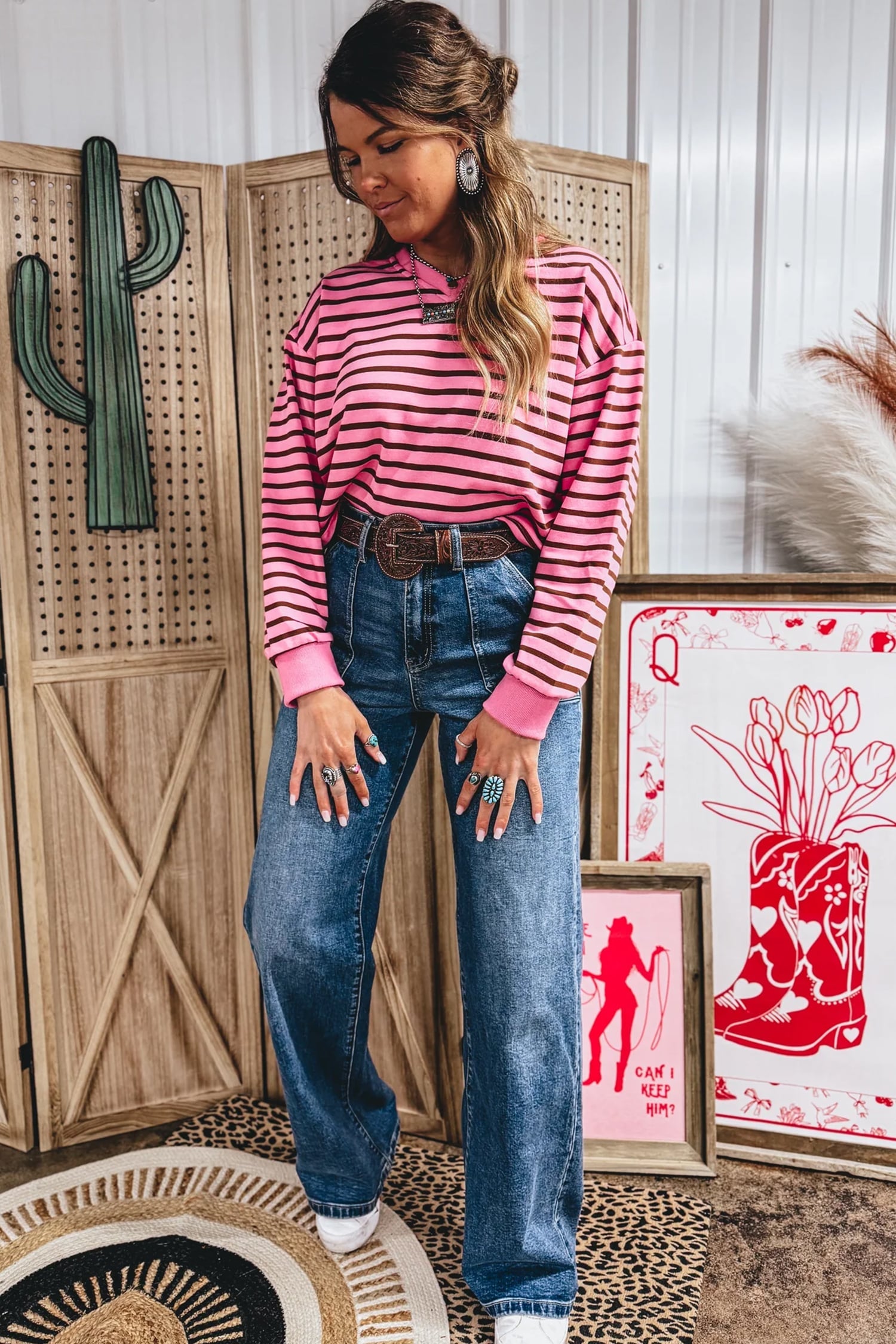 Pink Stripe V Neck Drop Shoulder Long Sleeve Top