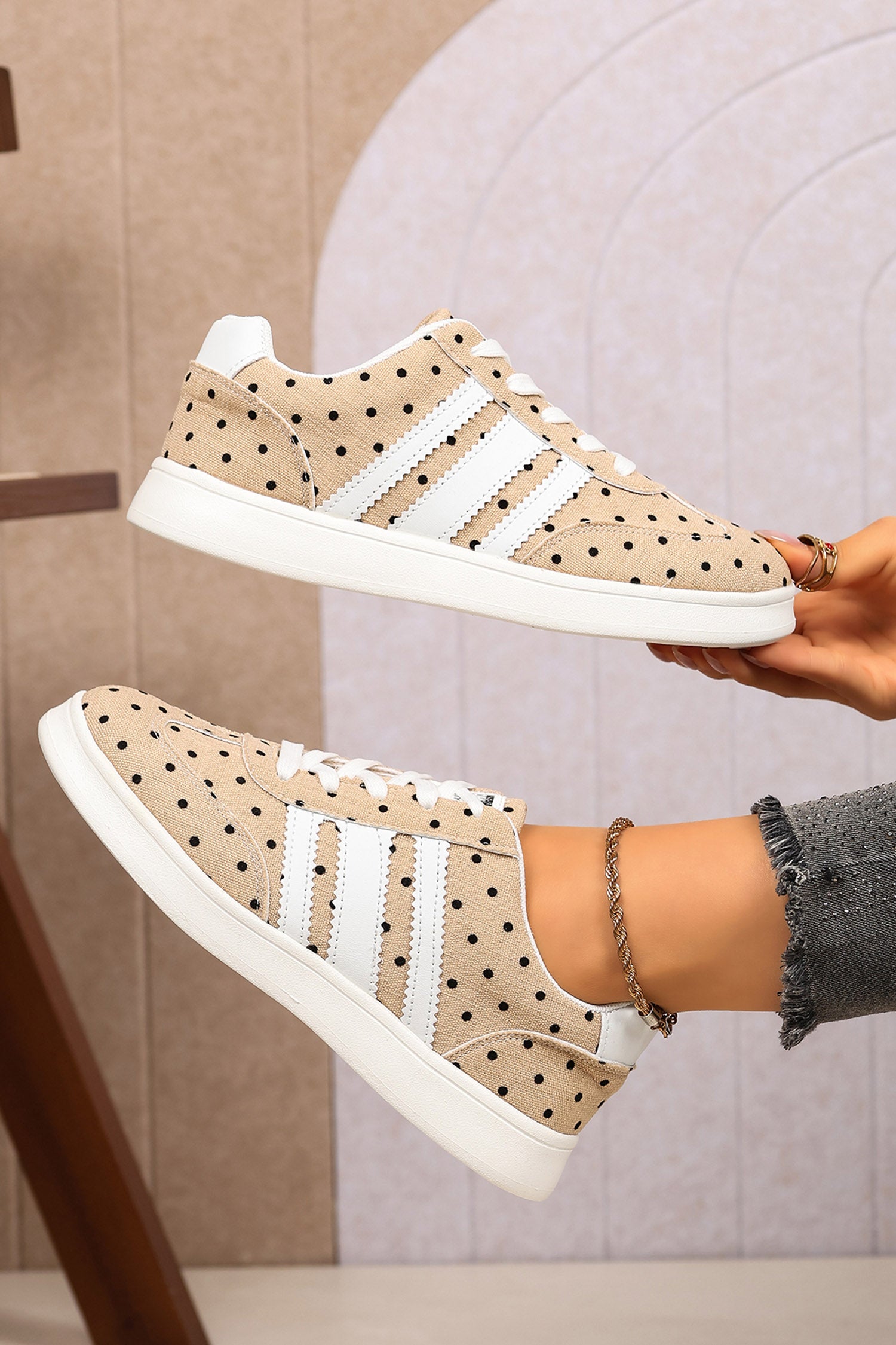 Camel Polka Dot Print PU Leather Detail Lace Up Casual Shoes