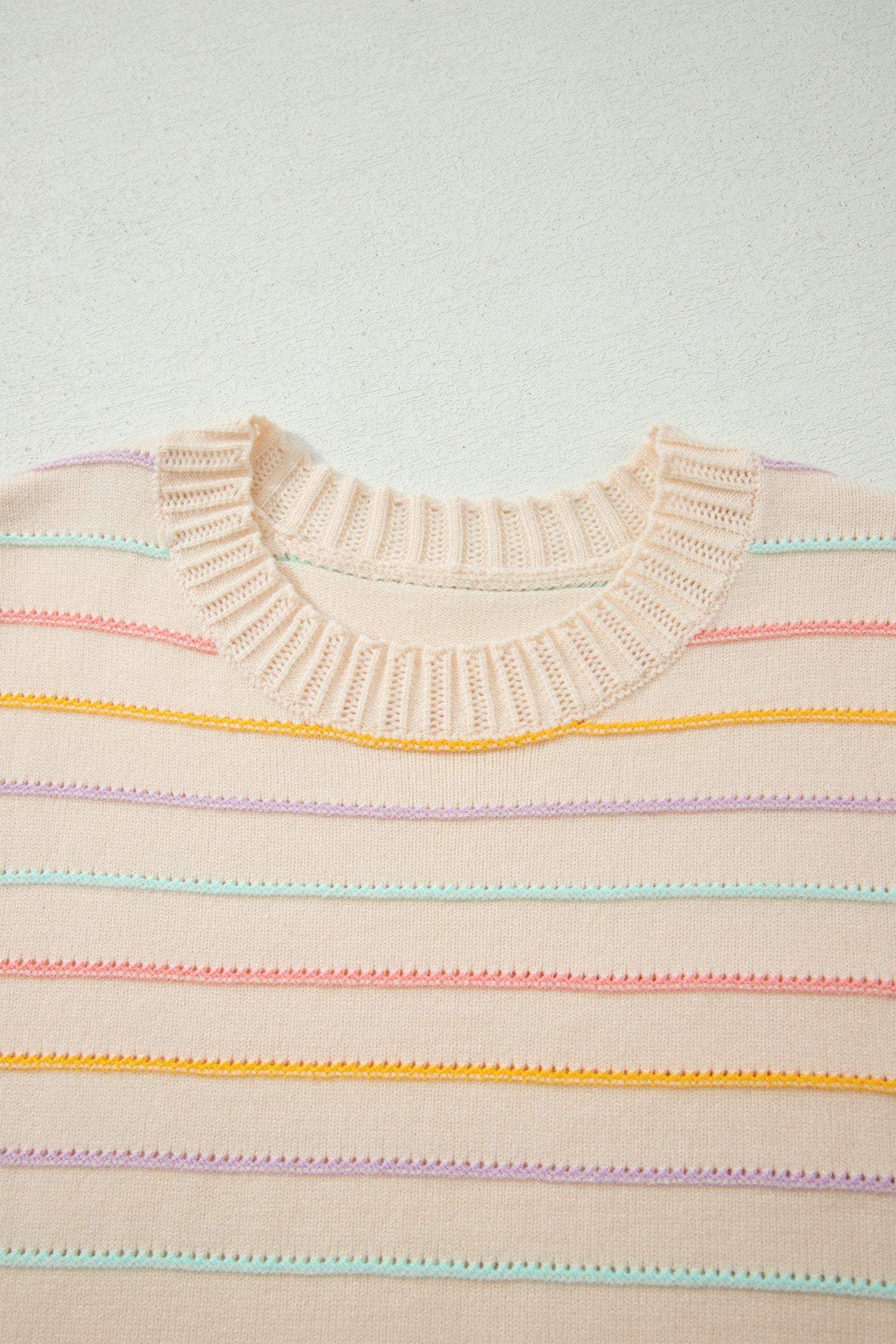 Beige Stripe Colorful Stripes Crew Neck Knit Sweater