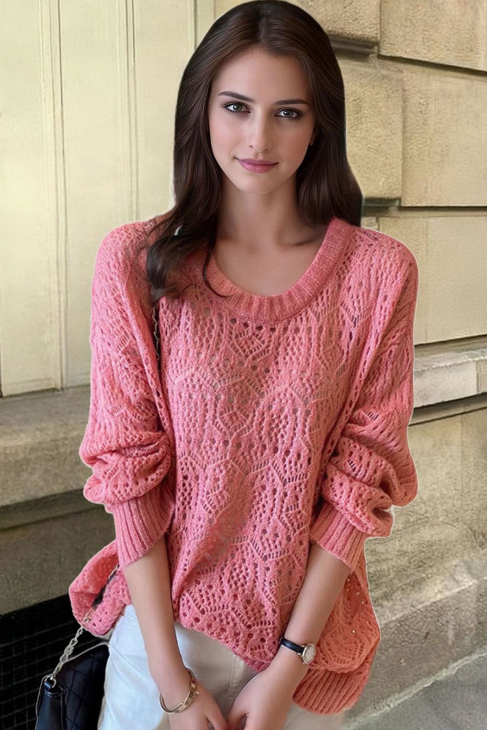 Sachet Pink Stylish Hollowed Pattern Knit Round Neck Sweater