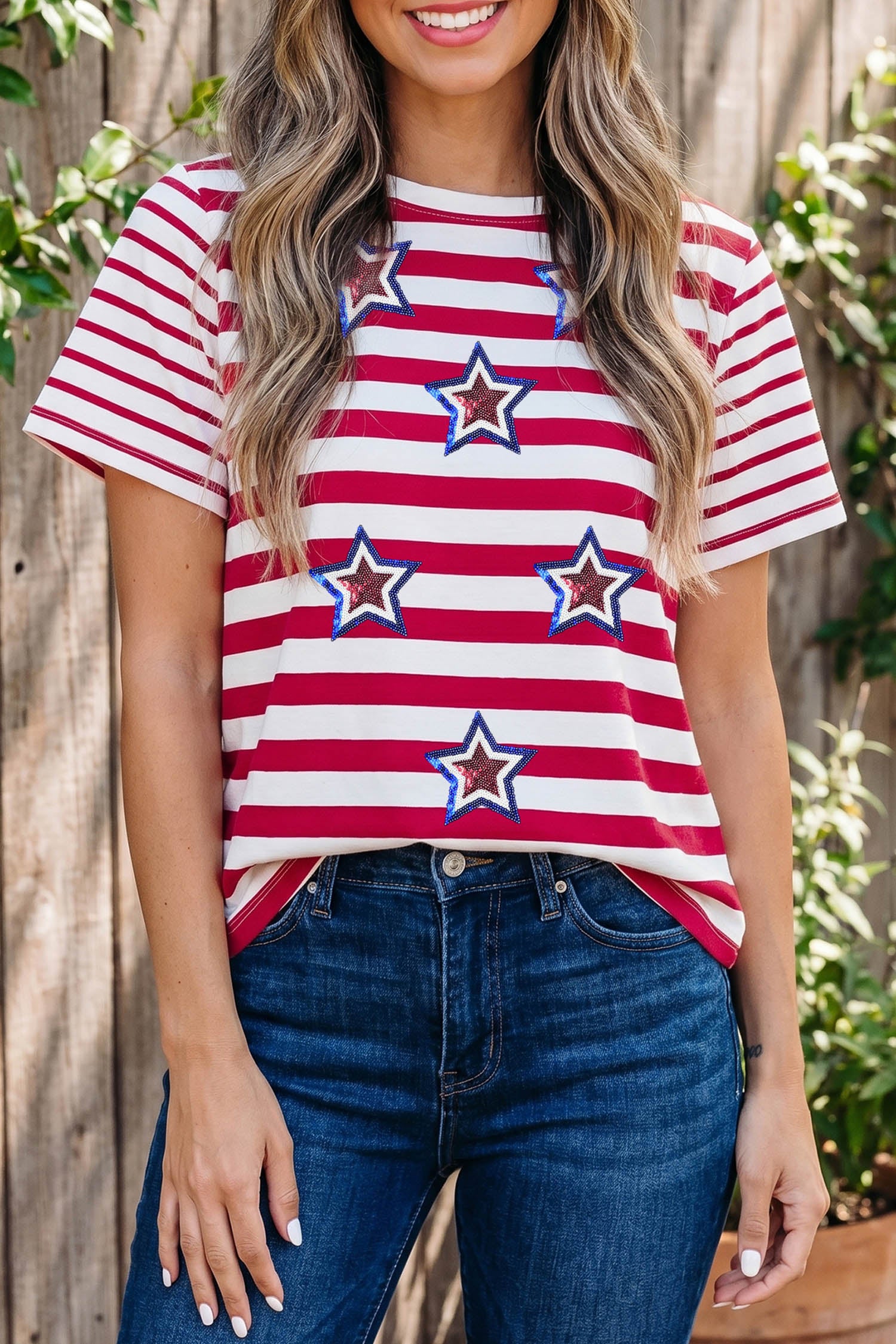 Red Stripe Contrast Sleeves Sequin Stars Patriotic T Shirt