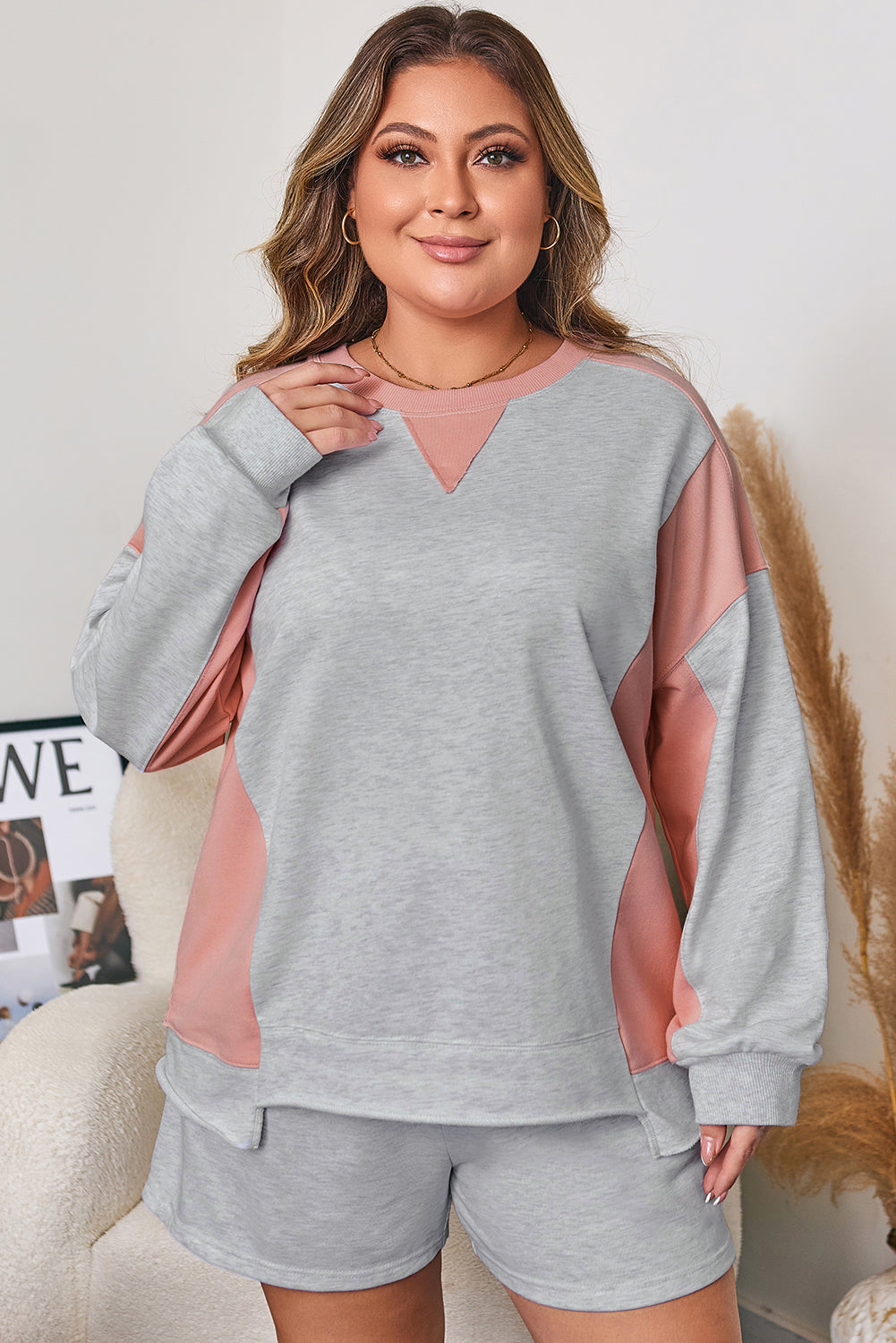 Light Grey Uneven Hem Colorblock Pullover Casual Shorts Plus Size 2pcs Outfit