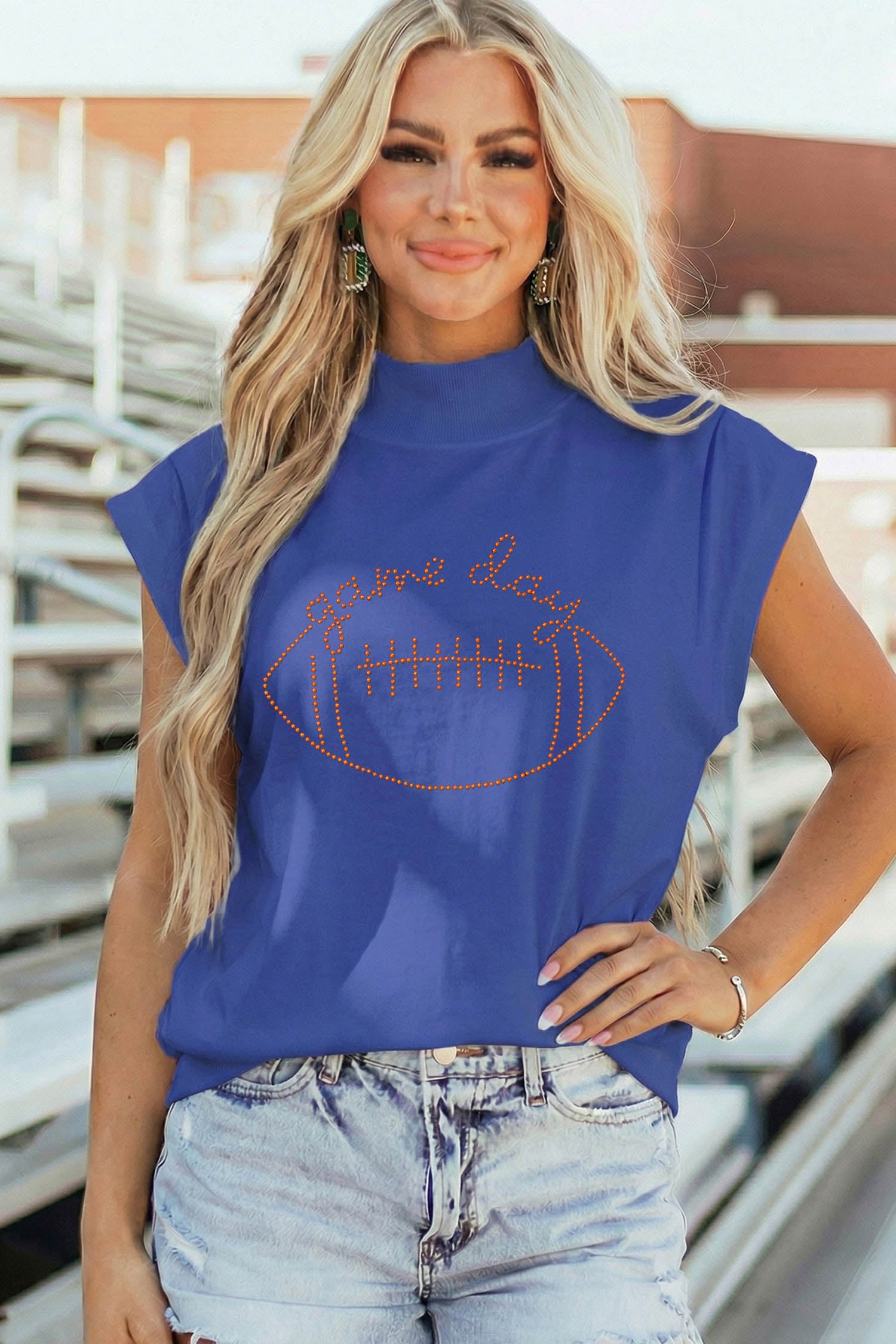 Sky Blue Casual High Neck Short Sleeve Game Day Football Rhinestone Top