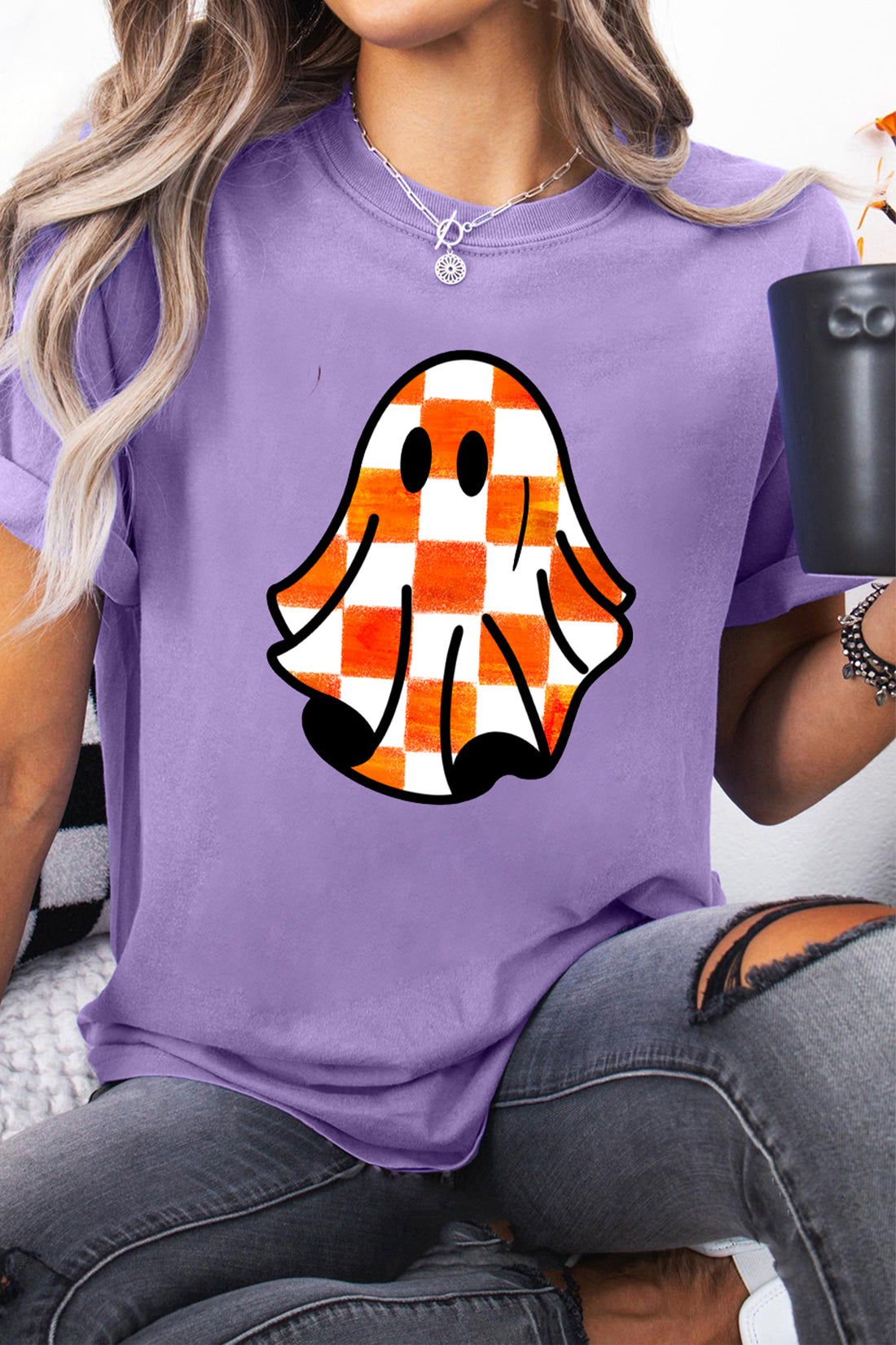 Wisteria Checkered Ghost Print Halloween Graphic T Shirt