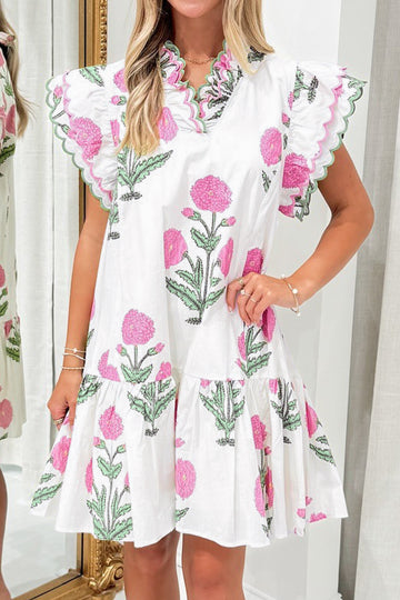 White Wild Floral Print Scalloped Embroidery Trim V Neck Drop Waist Mini Dress