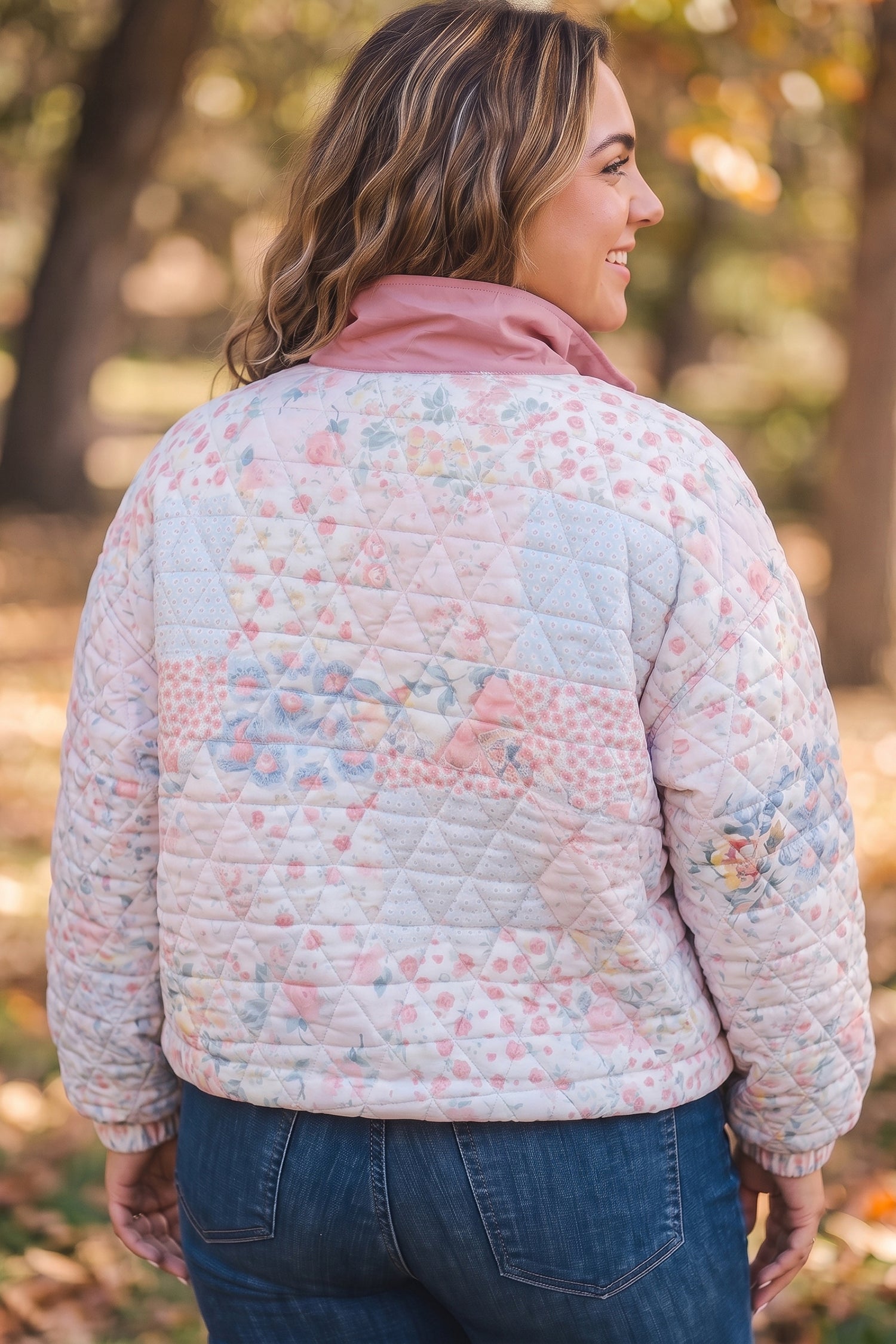 Pink Floral Quilted V-Neck Plus Size Fake Pocket Sweatshirt