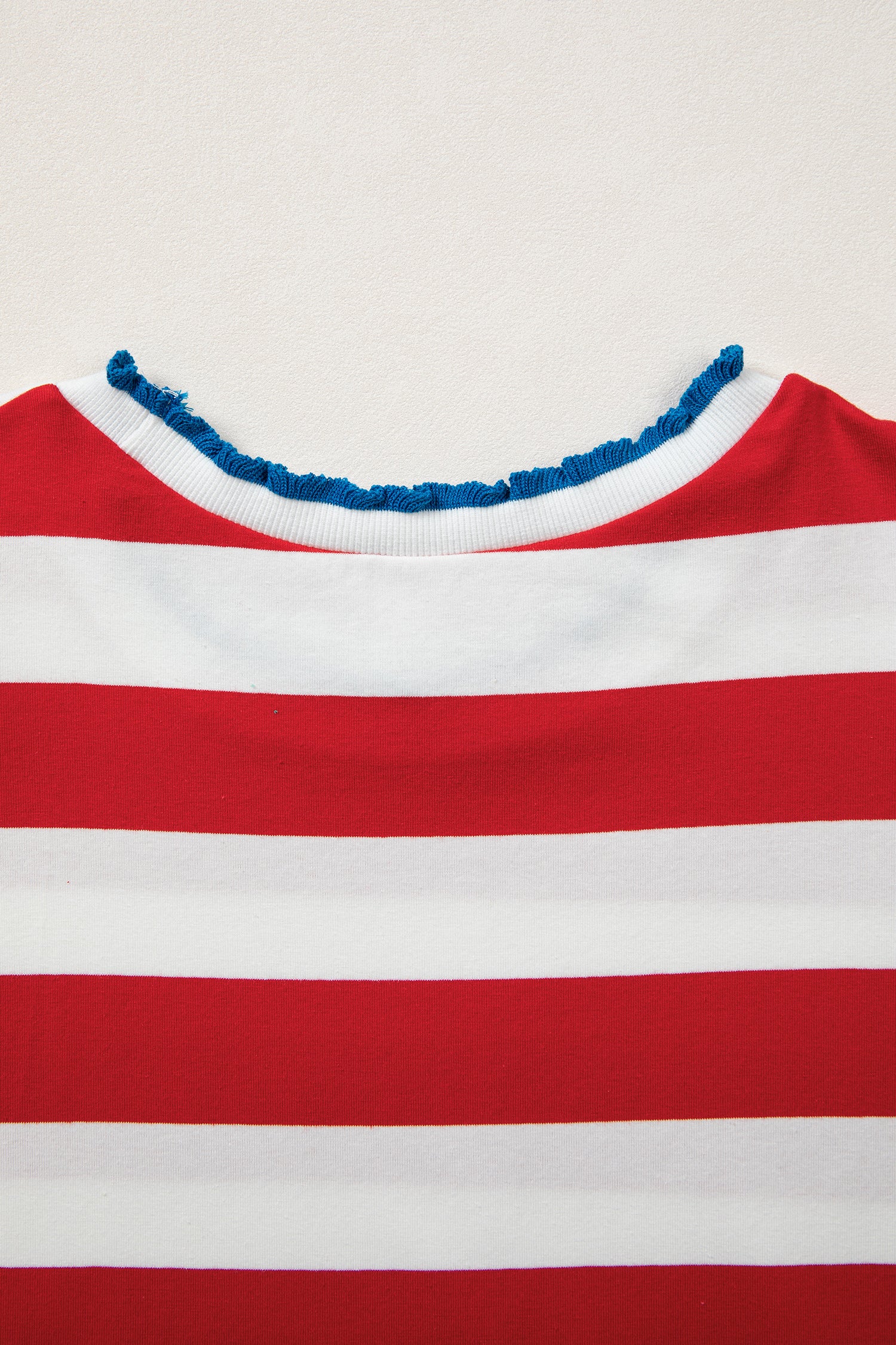 Red Stripe Contrast Trim Round Neck Short Puff Sleeve Shift Mini Dress
