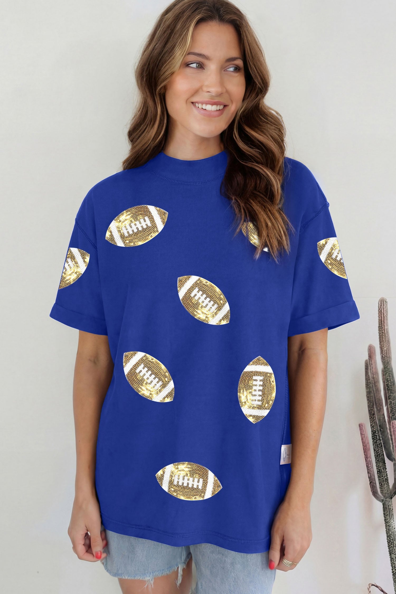 Dark Blue Sequin Rugby Pattern High Neck Game Day Shift T-Shirt
