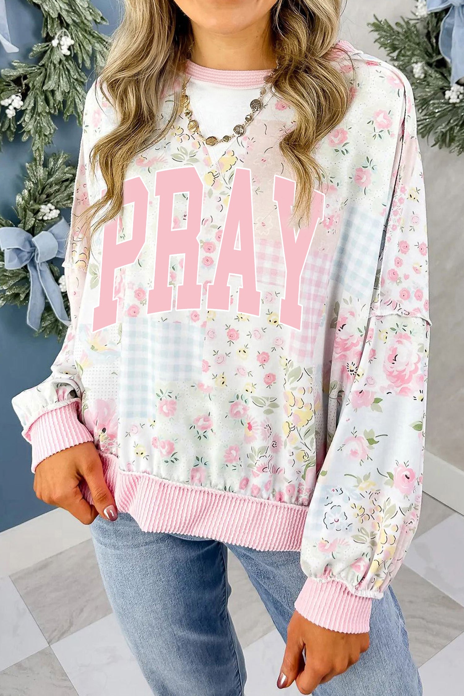 Pink PRAY Graphic Floral Mixed Print Patchwork Knit Top