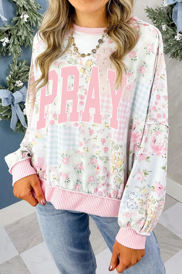 Pink PRAY Graphic Floral Mixed Print Patchwork Knit Top