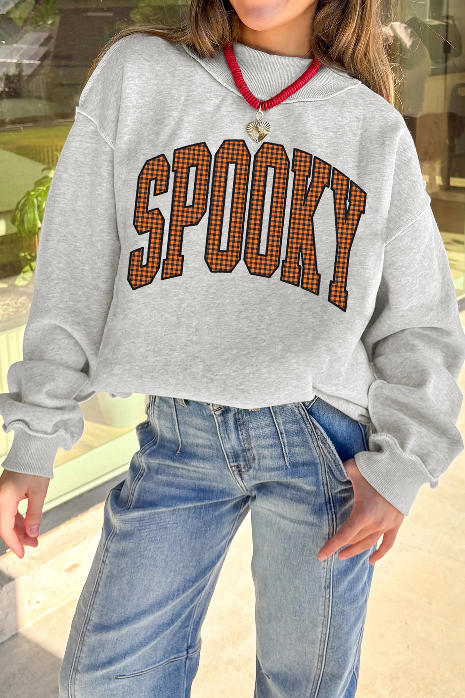 Light Grey Halloween Slogan Print Mock Neck Reversible Sweatshirt