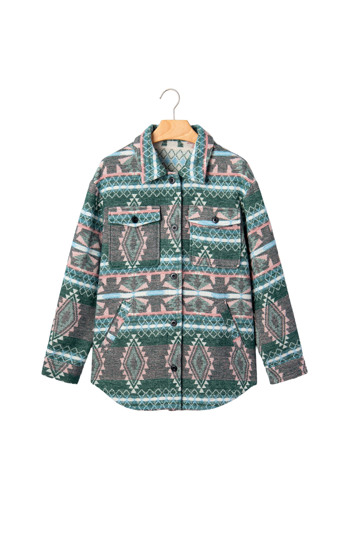 Green Geometric Print Button Front Long Sleeve Shacket
