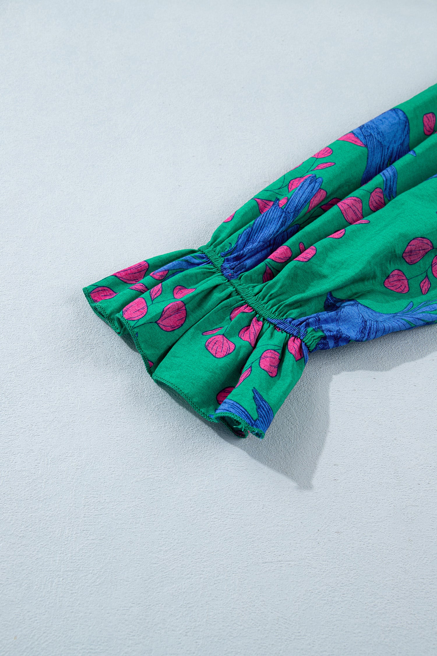Green Abstract Print V Neck Flounced Puff Sleeve Blouse