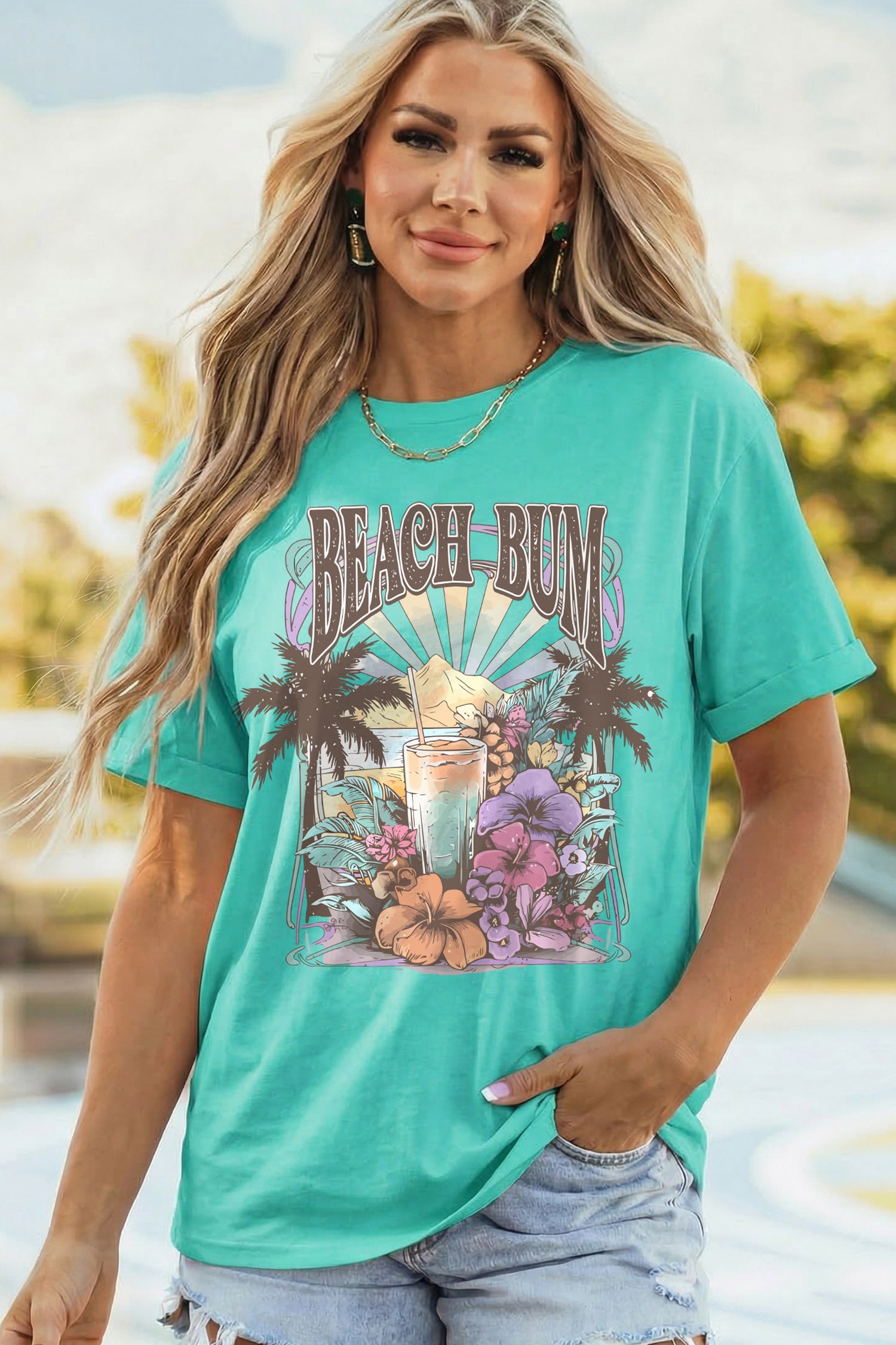 Mint Green Beach Bum Slogan Round Neck Summer Vacation Tee