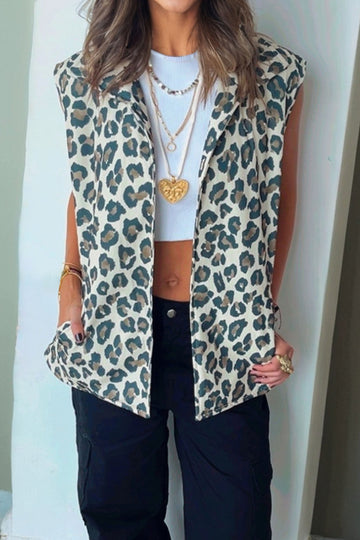 Brown Leopard Open Front Jacket Vest
