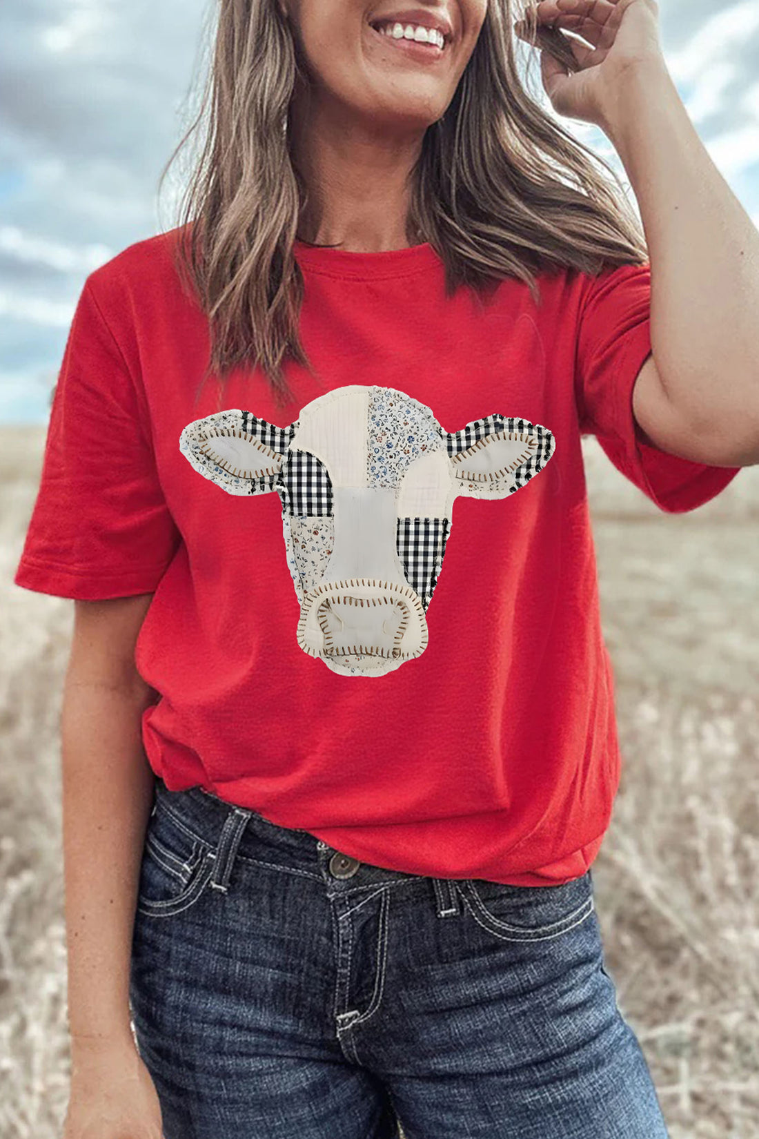 Red Western Patchwork Cow Print Round Neck Casual T Shirt