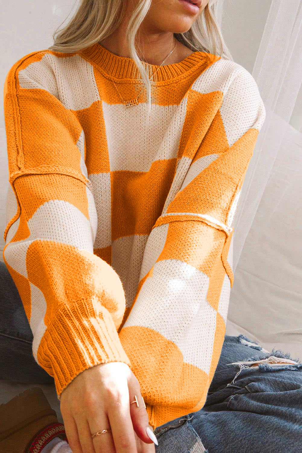 Grapefruit Orange Checkered Bishop Sleeve Sweater