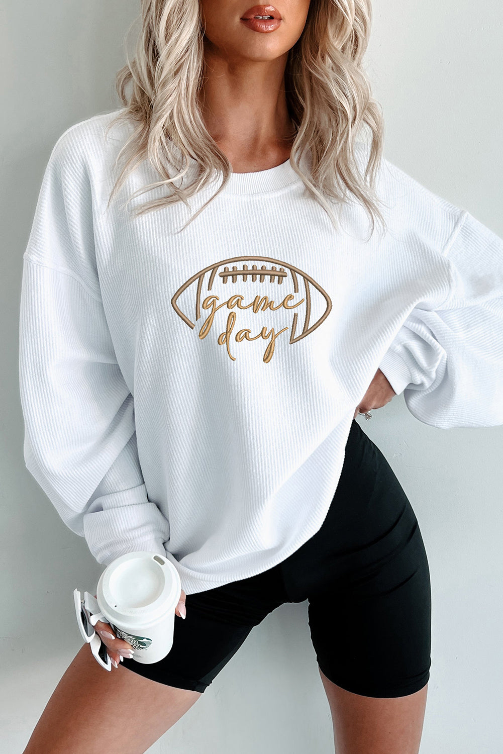 White Rugby Game Day Embroidered Corduroy Sweatshirt