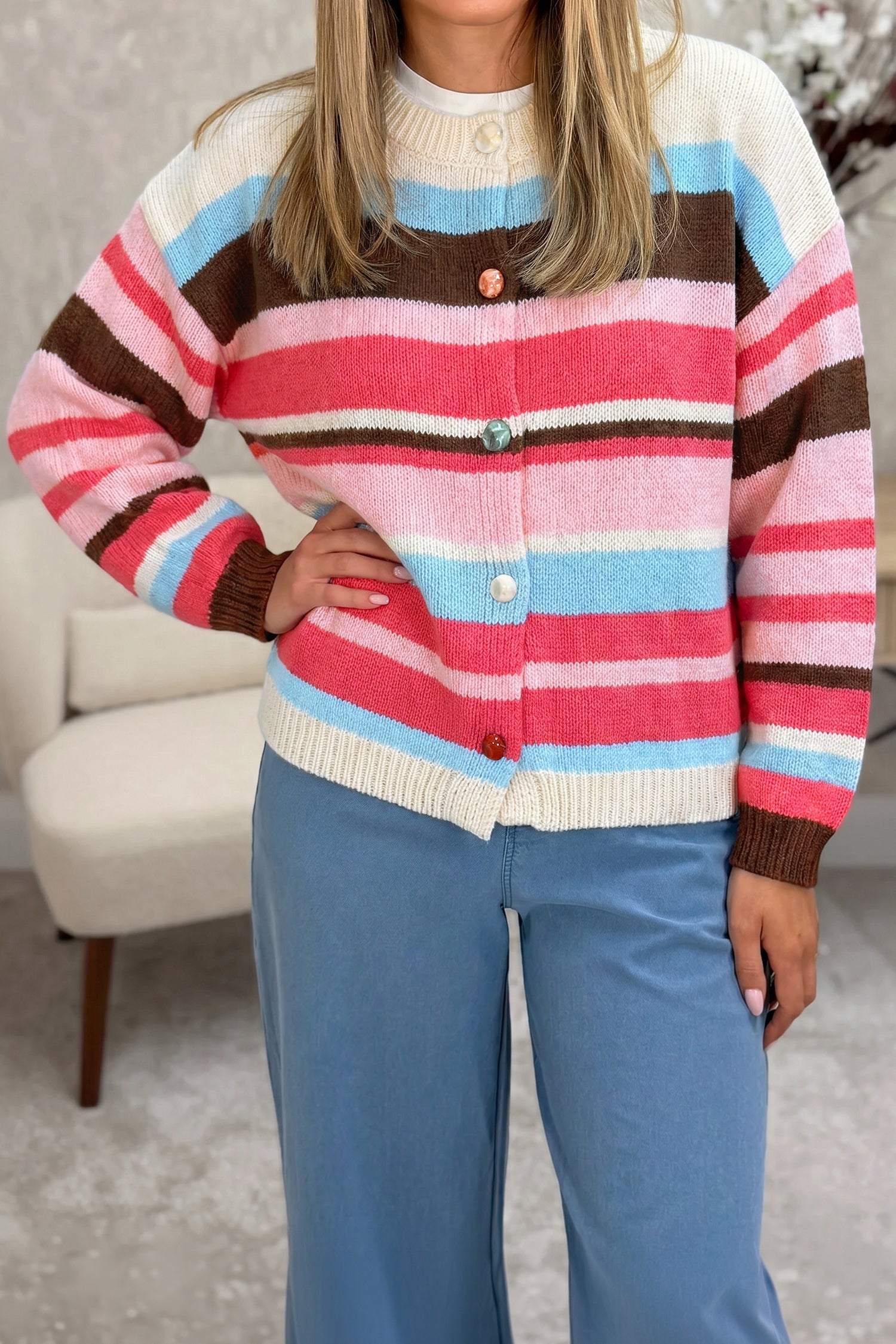 Pink Stripe Striped Colorblock Drop Shoulder Cardigan