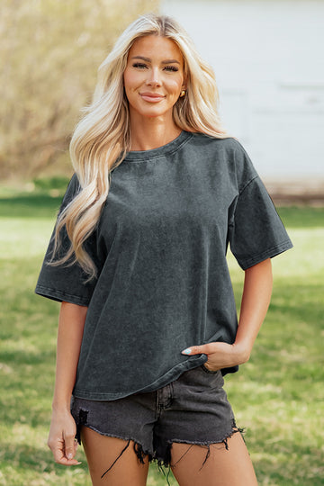 Dark Grey Solid Color Cotton Mineral Washed Oversize Tee