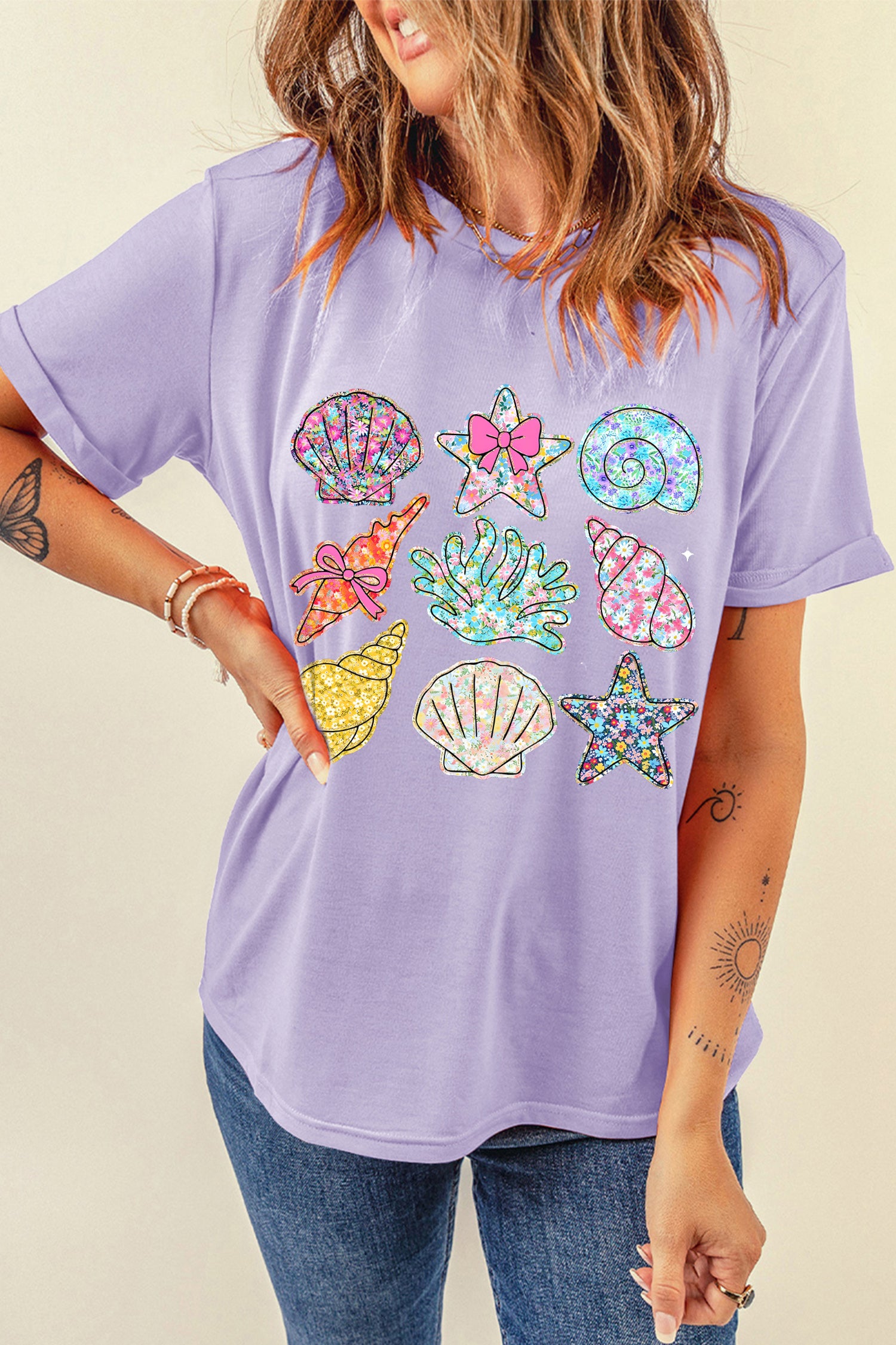 Orchid Petal Vibrant Seashell Printed Beach Vacation Casual T Shirt