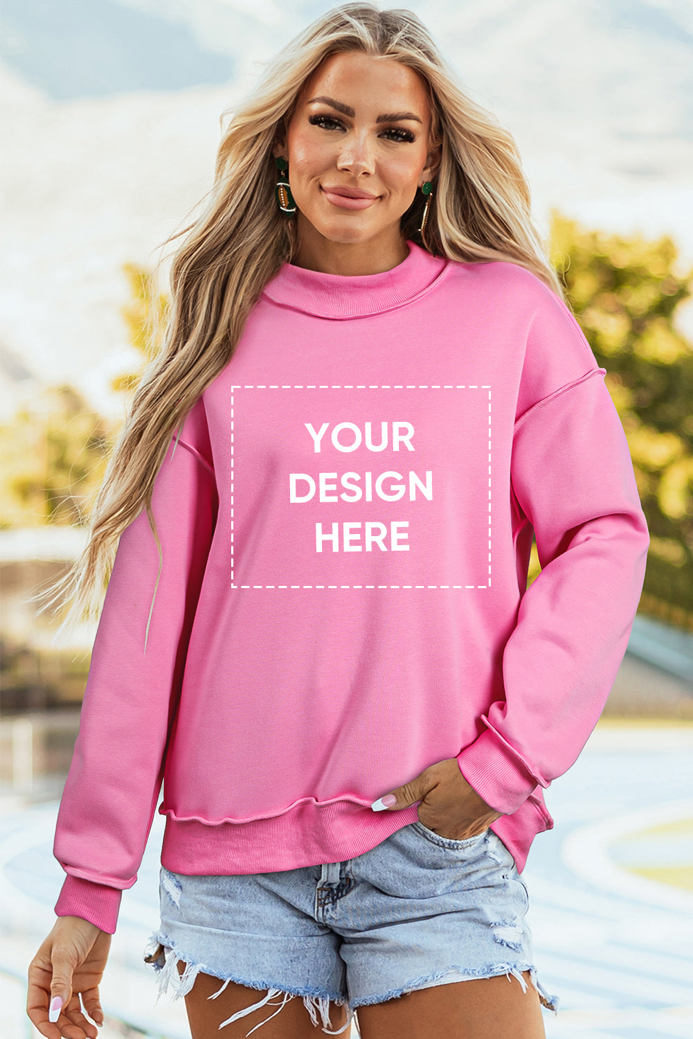 Bright Pink Oversize Drop Shoulder Reversible Mock Neck Sweatshirt
