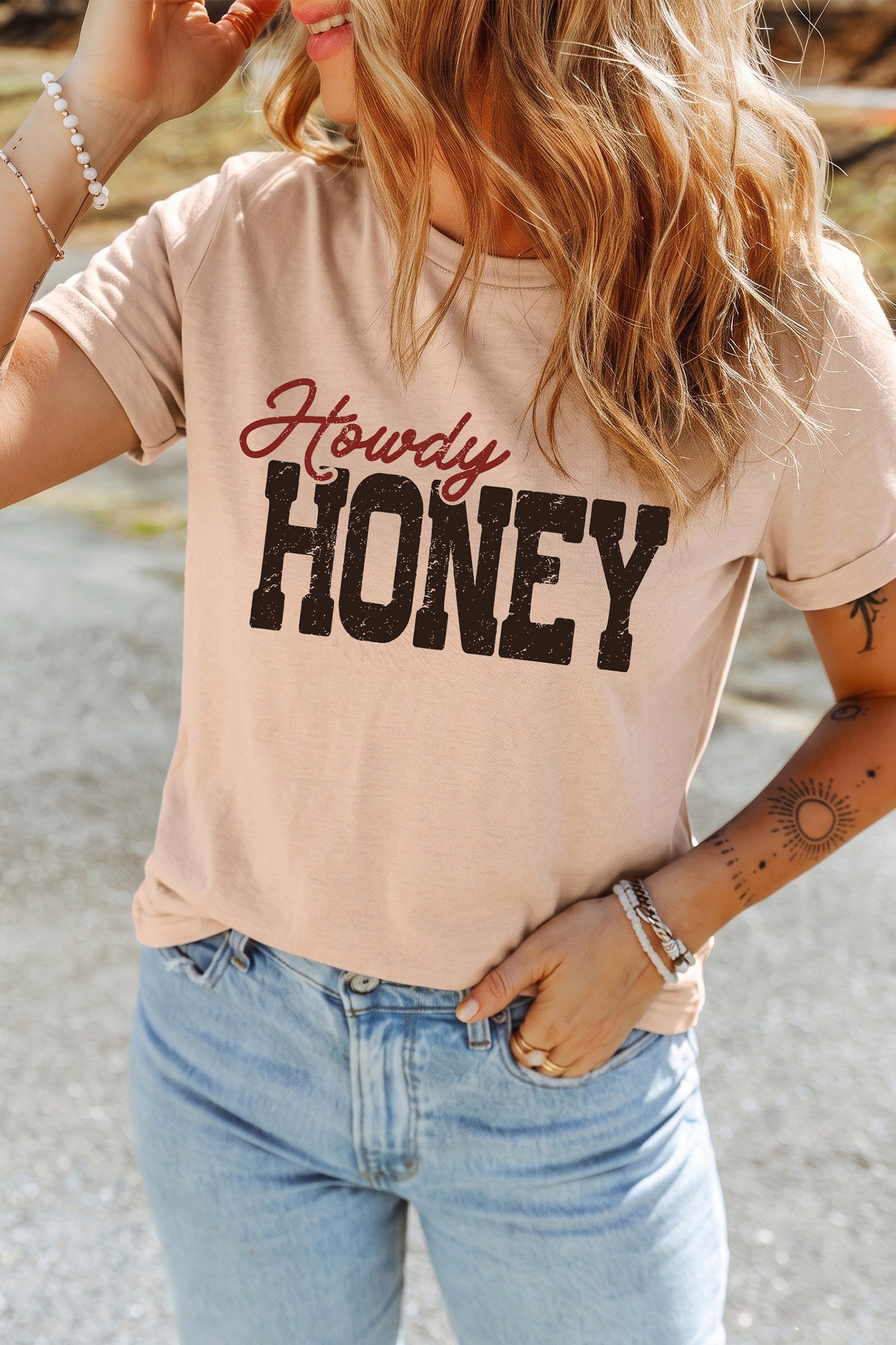 Khaki Howdy HONEY Western Print Letter Casual Graphic T-Shirt