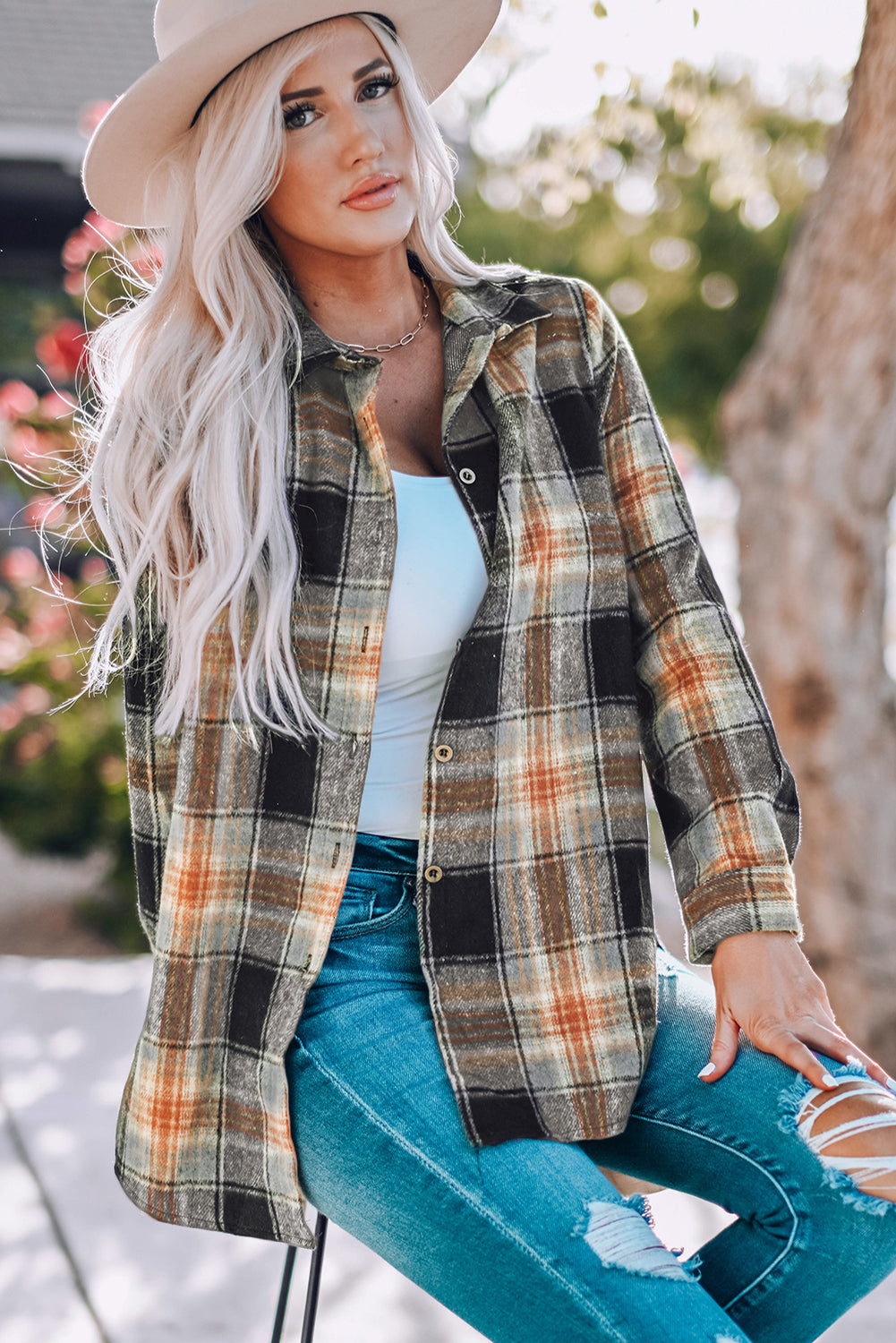 Black Oversize Rounded Hem Plaid Shacket with Slits