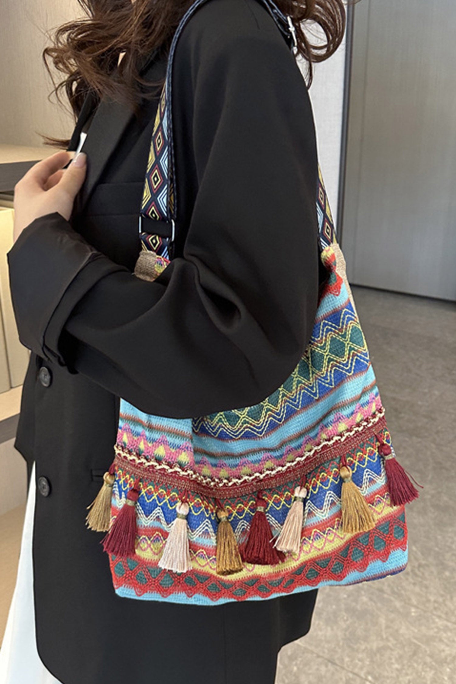 Beau Blue Boho Geometric Pattern Tassel Detail Canvas Tote Bag