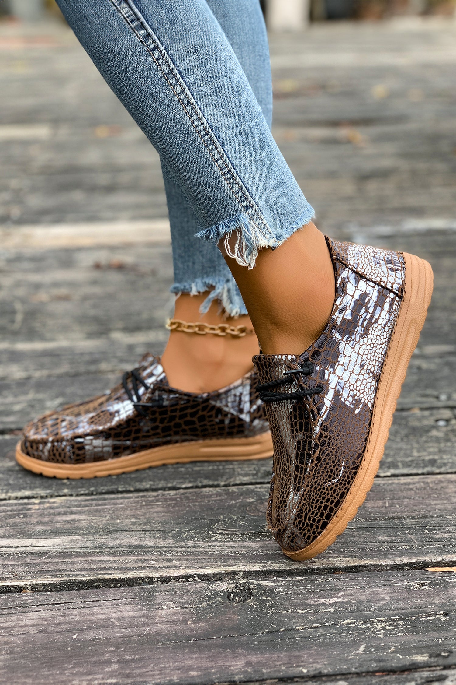 Coffee Sleek Snake Skin Print Lace-up Detail Comfort Loafer Shoes