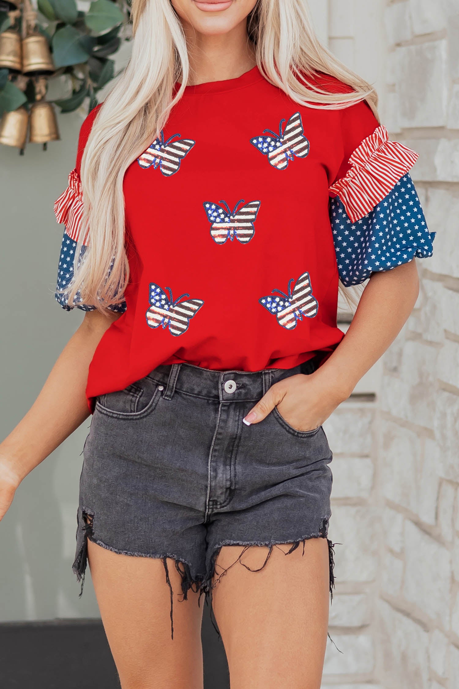 Fiery Red Patriotic Sequin Butterfly Contrast Short Sleeve Top