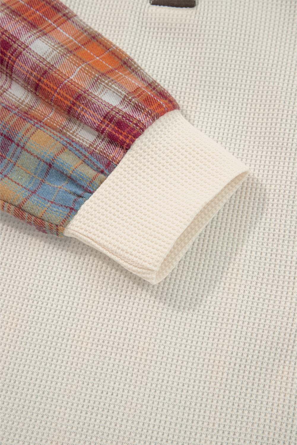 Beige Waffle Stripe Plaid Patchwork Henley Knit Top